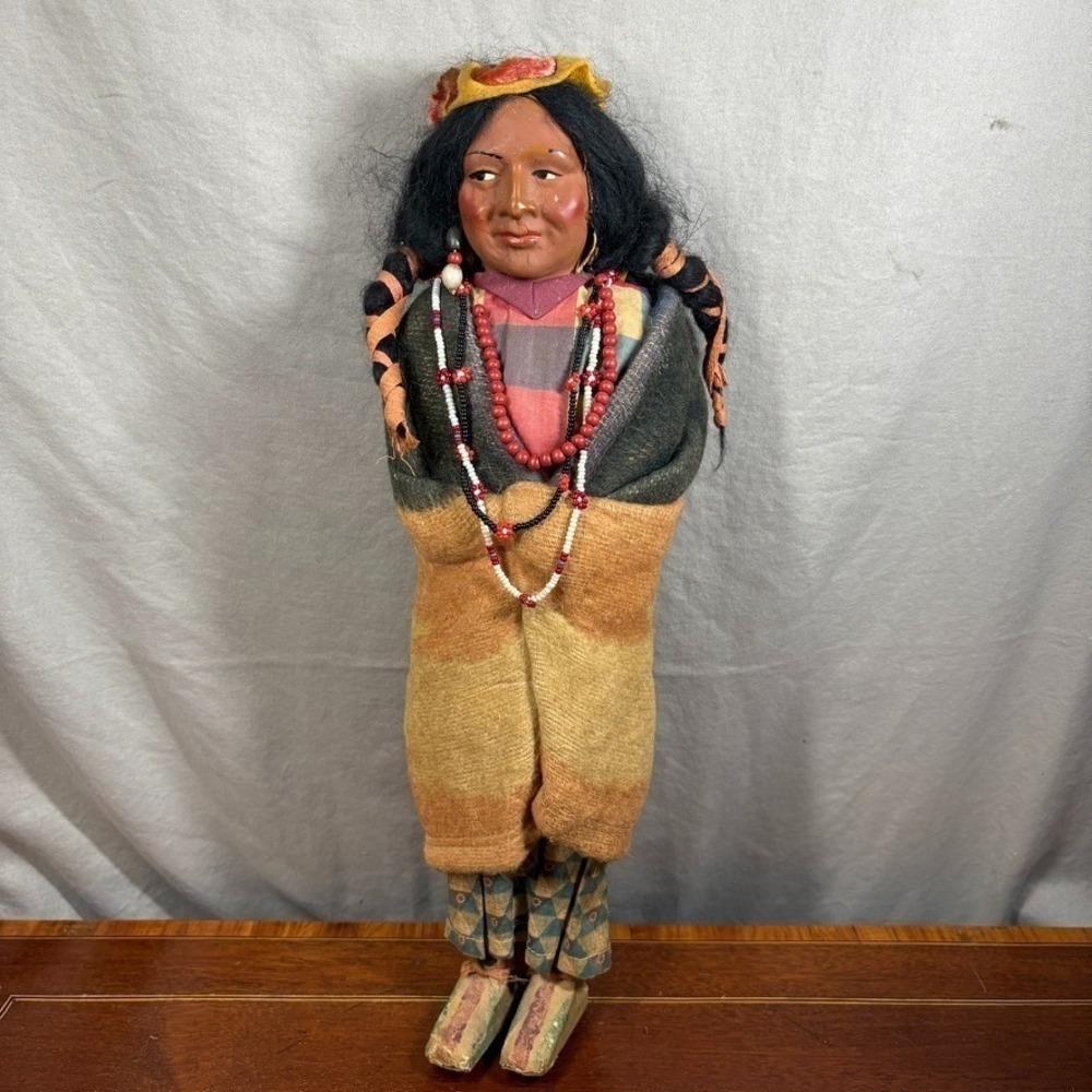 Vintage Skookum Bully Good Indian Doll with Papoose Baby Composition Face 16in
